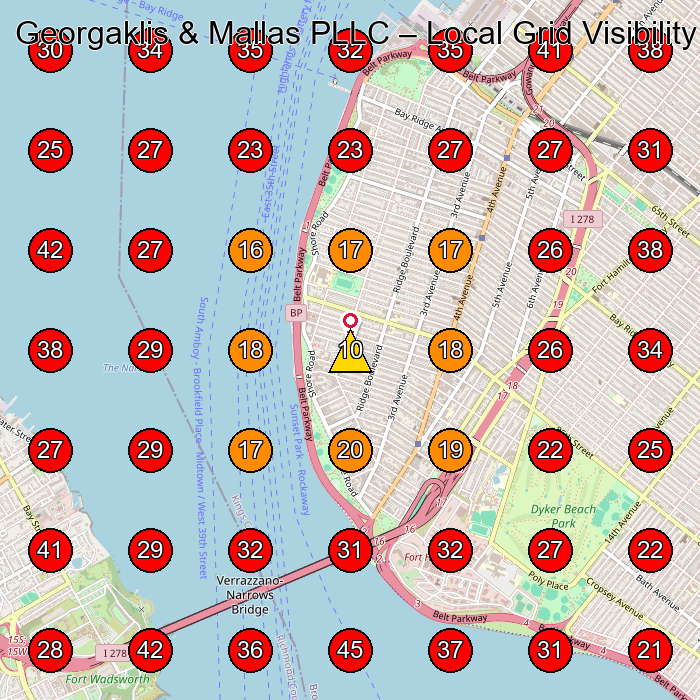 Georgaklis & Mallas PLLC GeoGrid visibility map for Law Firm in Brooklyn